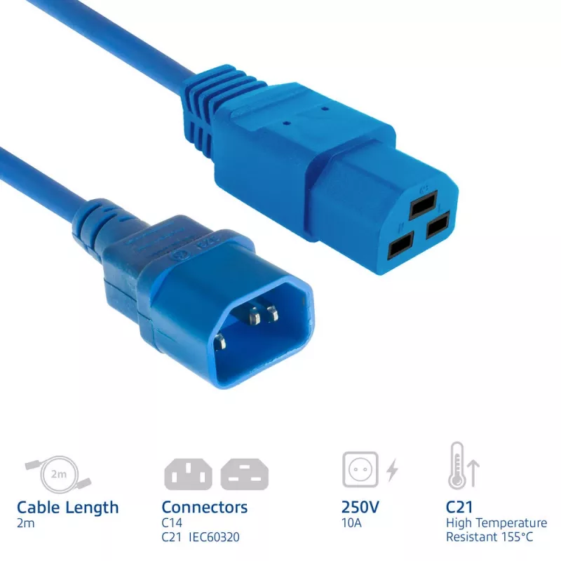 Kabel zasilający ACT C14 na C21 IEC60320 niebieski 2 m, 250 V 10 A