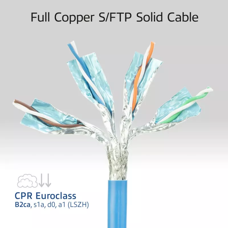 ACT niebieski 85 meters S/FTP CAT6A B2ca PoE++ 100W solid prefab installation kabel, RJ45 male – female