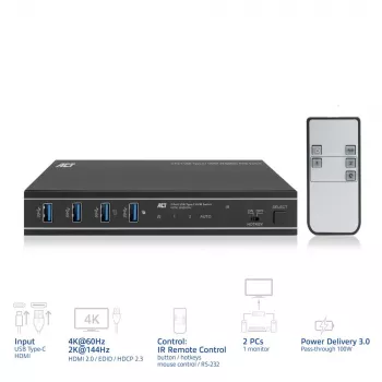 Przełącznik KVM ACT 2-portowy USB-C/HDMI 4K@60Hz AC7922 z klawiaturą/myszą USB, wideo HDMI, PD 100 W