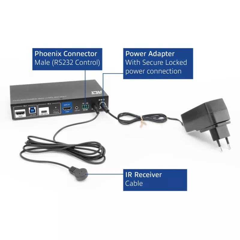 Przełącznik KVM ACT 2-portowy USB-C/HDMI 4K@60Hz AC7922 z klawiaturą/myszą USB, wideo HDMI, PD 100 W