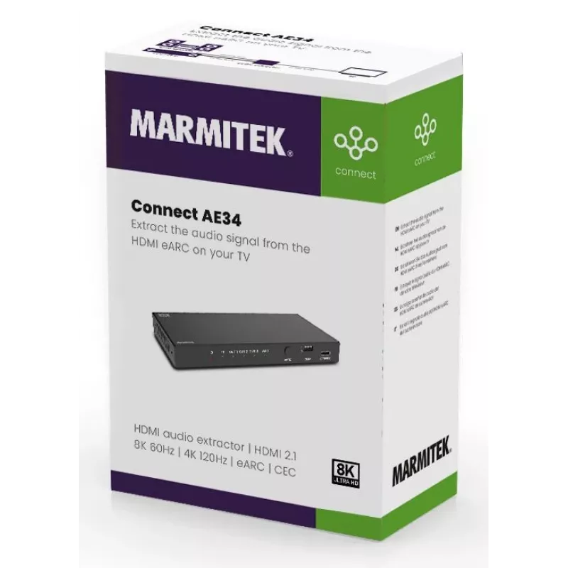 Konwerter sygnału wideo Marmitek 25008496 — wejście HDMI na wyjście HDMI/TOSLINK/3,5 mm, do 7680×4320, dźwięk 7.1