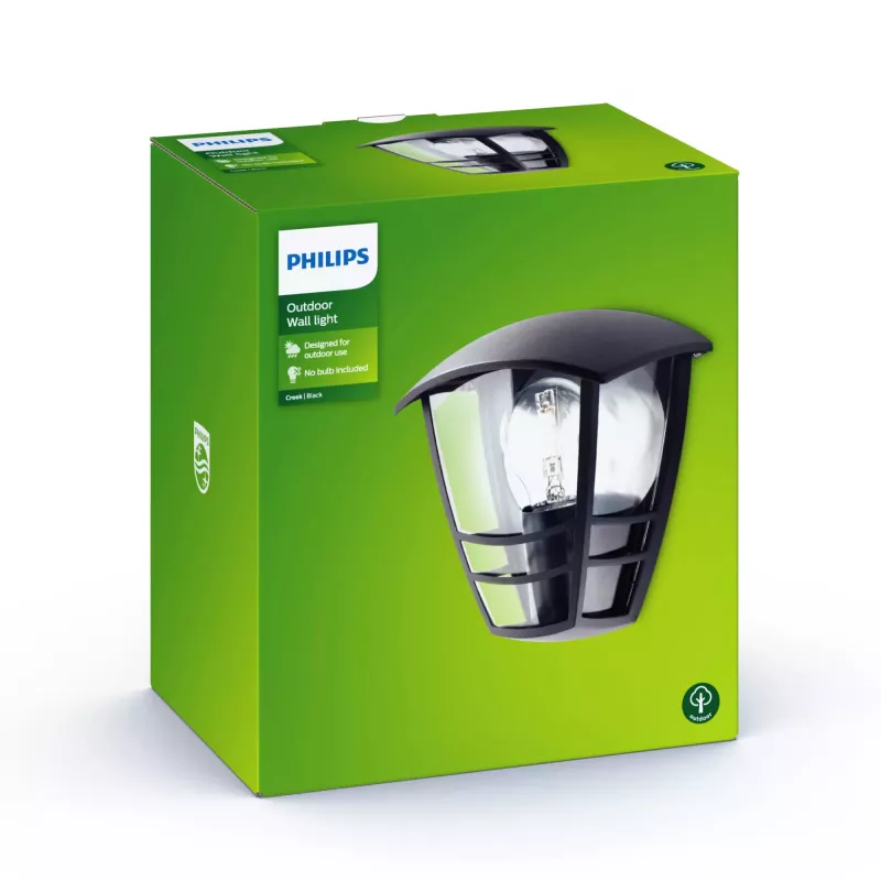 Lampa ścienna Philips myGarden Creek 60W E27 bez żarówki, Czarna, Metalowa, IP44, Ogród, Taras, II