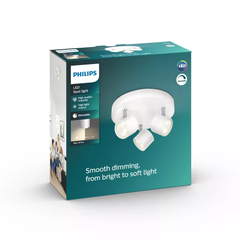 Reflektor sufitowy/ścienny Philips Dimmable LED Star 3x 16,5W, 2700K, 1500 lm, IP20, biały