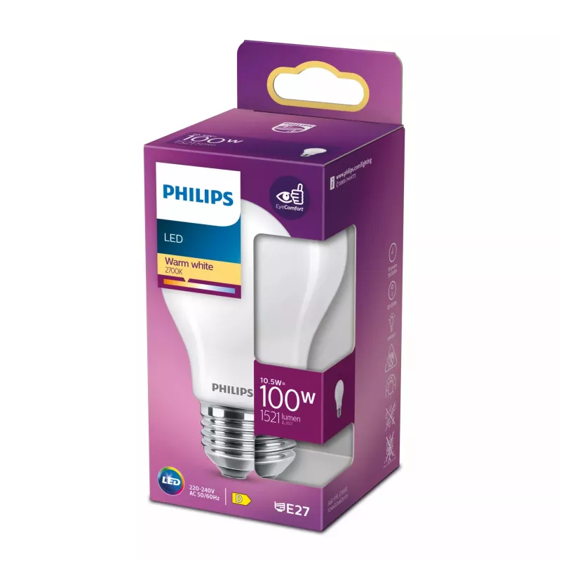 Żarówka LED filamentowa Philips A60 E27 10,5 W (odpowiednik 100 W), 1521 lm, 2700 K, matowa, 15 000 h