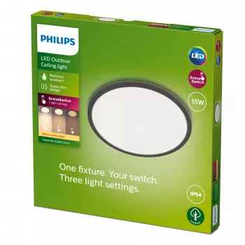 Lampa sufitowa Philips Superslim 15 W, czarna, metal, tworzywo sztuczne, IP54, taras, ogród, II, nowoczesna