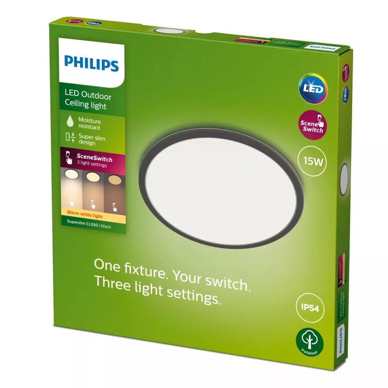 Lampa sufitowa Philips Superslim 15 W, czarna, metal, tworzywo sztuczne, IP54, taras, ogród, II, nowoczesna