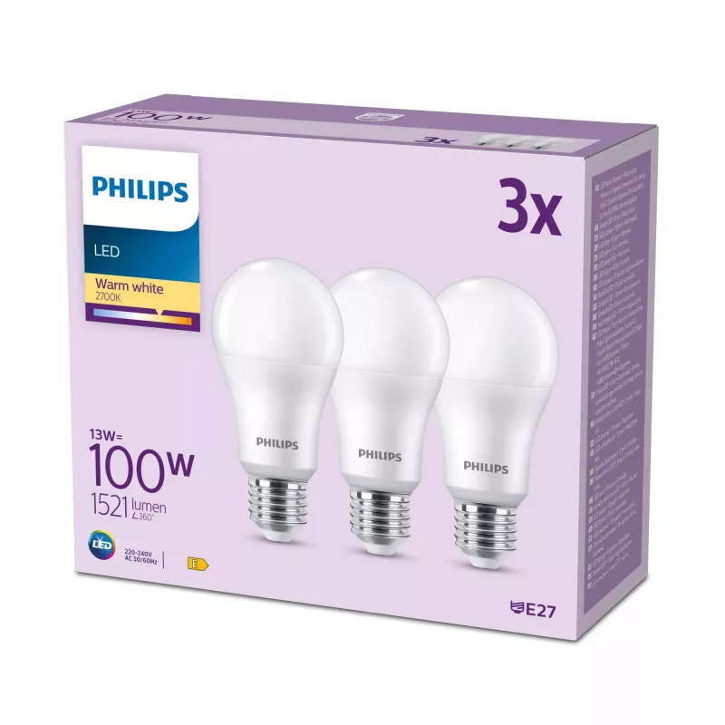Philips Bulb 100W A65 E27 x3, 13 W, 100 W, E27, 1521 lm, 15000 h, Ciepła biel