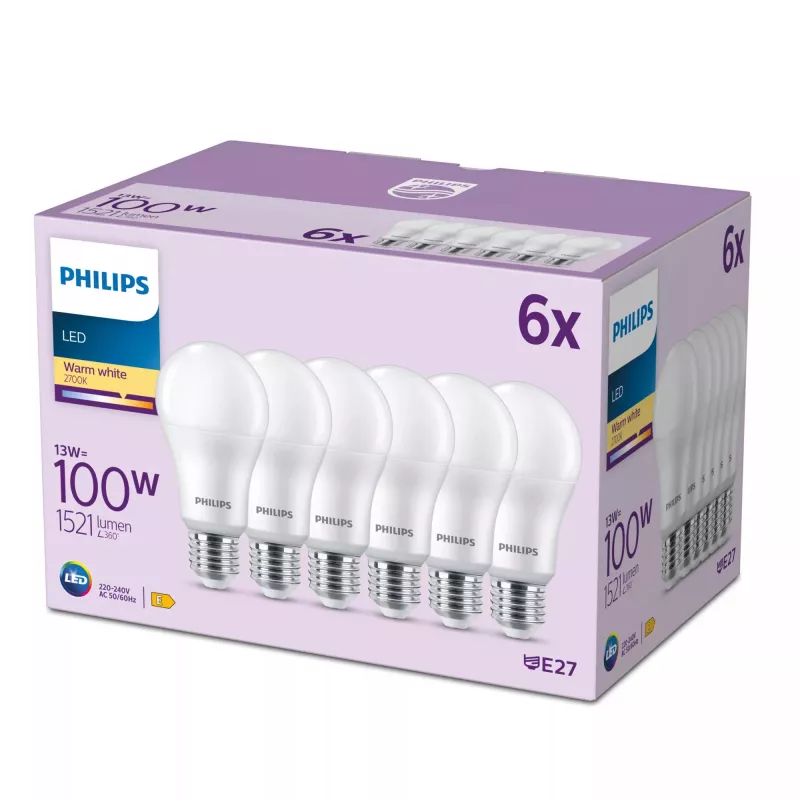 Philips Bulb 100W A65 E27 x6, 13 W, 100 W, E27, 1521 lm, 15000 h, Ciepła biel