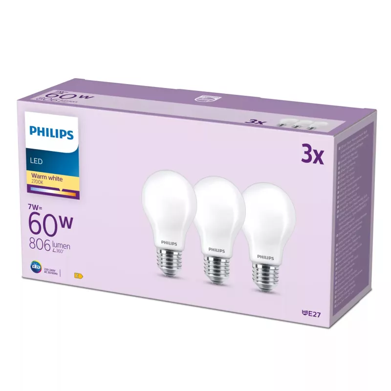 Philips Żarówka Filamentowa Matowa 60W A60 E27 x3, 7 W, 60 W, E27, 806 lm, 15000 h, Ciepła biel