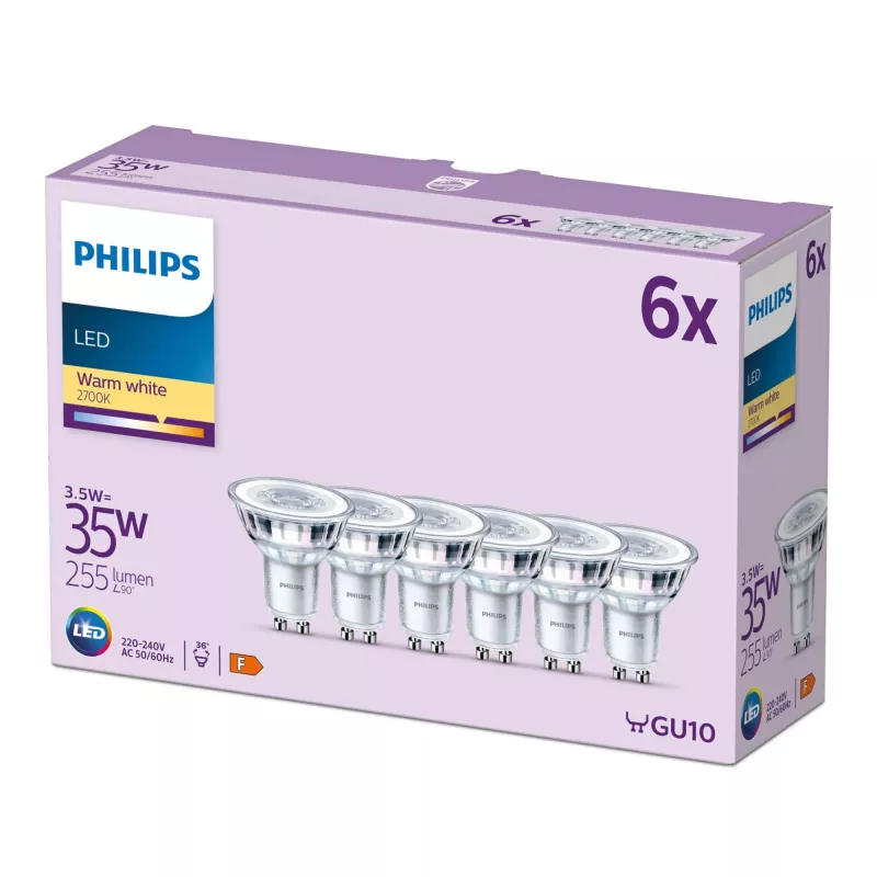 Philips Spot 35W PAR16 GU10 x6, 3,5 W, 35 W, GU10, 255 lm, 15000 h, Ciepła biel