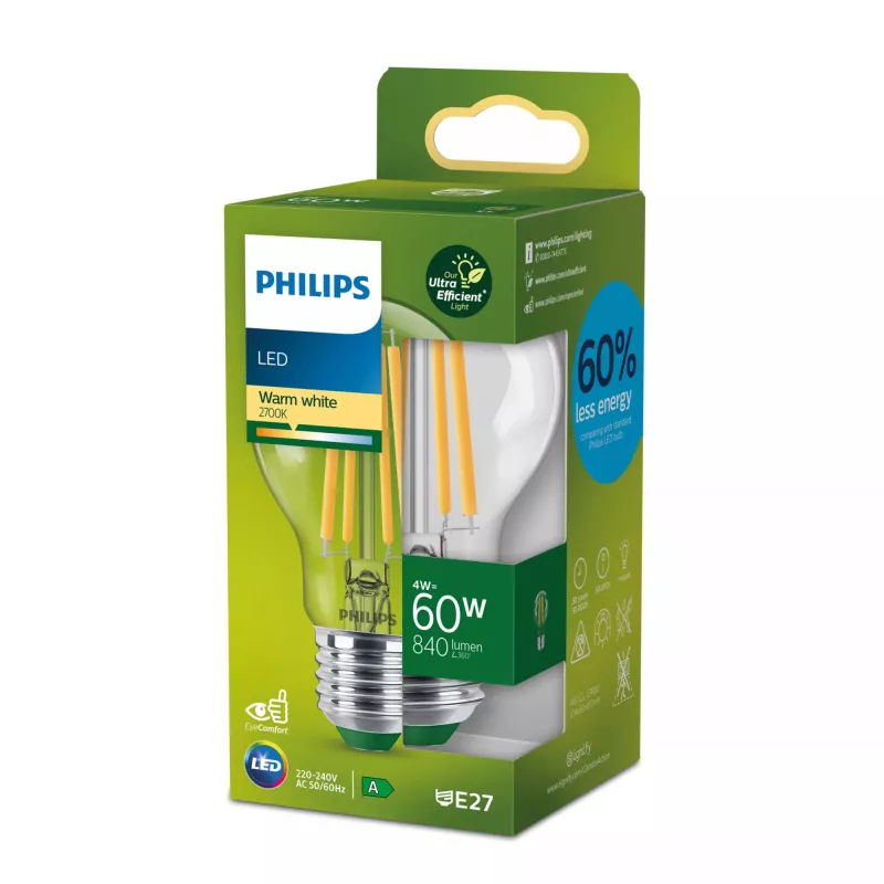 Philips Filament Bulb Clear 60W A60 E27, 4 W, 60 W, E27, 840 lm, 50000 h, Ciepła biel