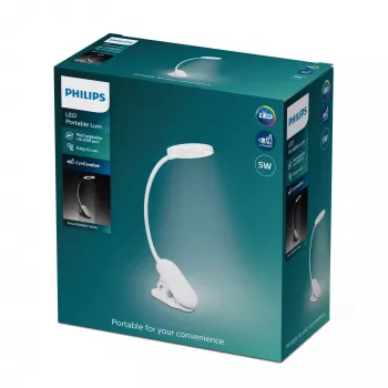 Lampka biurkowa z klipsem Philips Functional Forys, biała, tworzywo sztuczne, sypialnia, salon, biuro, nowoczesna, IP20, III