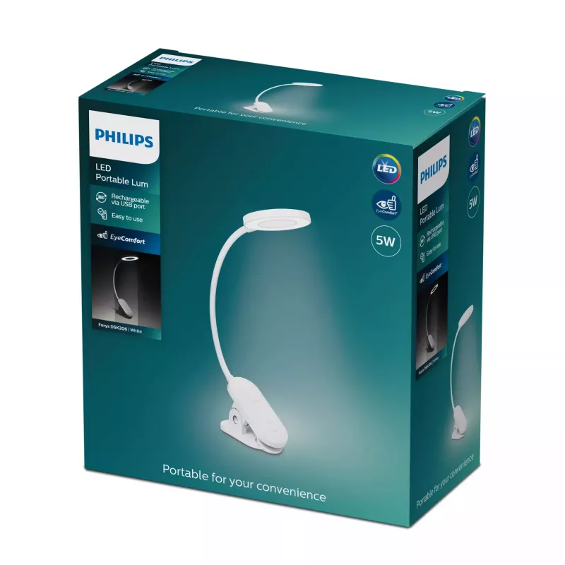 Lampka biurkowa z klipsem Philips Functional Forys, biała, tworzywo sztuczne, sypialnia, salon, biuro, nowoczesna, IP20, III