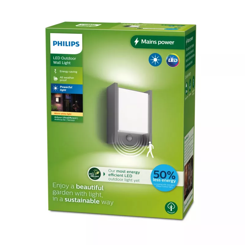 Lampa ścienna Philips Arbour 3,8 W, Oświetlenie ścienne zewnętrzne, Antracyt, Metal, IP44, Patio, Ogród, II