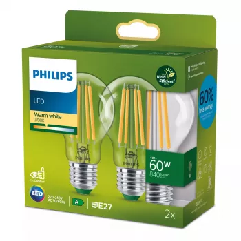 Philips żarówka filamentowa przezroczysta 60W A60 E27 x2, 4 W, 60 W, E27, 840 lm, 50000 h, ciepła biel