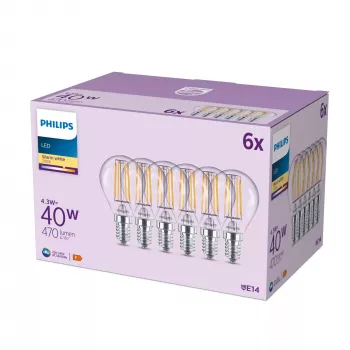 Philips Filamentowa świeca przezroczysta 40W P45 E14 x6, 4,3 W, 40 W, E14, 470 lm, 15000 h