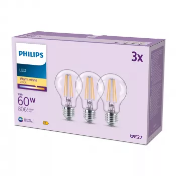 Philips Filament Bulb Clear 60 W A60 E27 x3, 7 W, 60 W, E27, 806 lm, 15000 h, ciepła biel