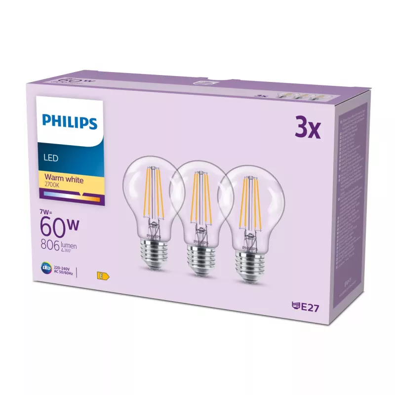 Philips Filament Bulb Clear 60 W A60 E27 x3, 7 W, 60 W, E27, 806 lm, 15000 h, ciepła biel