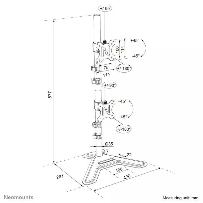 Neomounts podwójny stojak pod monitory DS45-600BL2V dla 2 wyświetlaczy 10–32 cale, VESA 75x75–100x100, maks. obciążenie 9 kg, wolnostojący, czarny