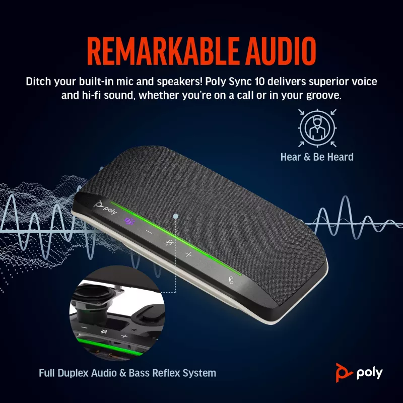 HP Poly Sync 10 Microsoft Teams Certified Speakerphone, srebrny, Windows 10, Windows 11, MacOS, RoHS, Federal Communications Commission (FCC), CE, 182 mm, 89 mm