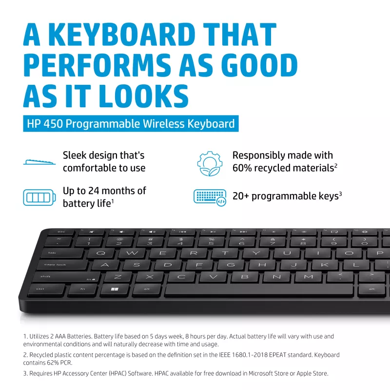 HP 450 Programmable Wireless klawiatura pełnowymiarowa klawiatura RF Wireless USB czarna