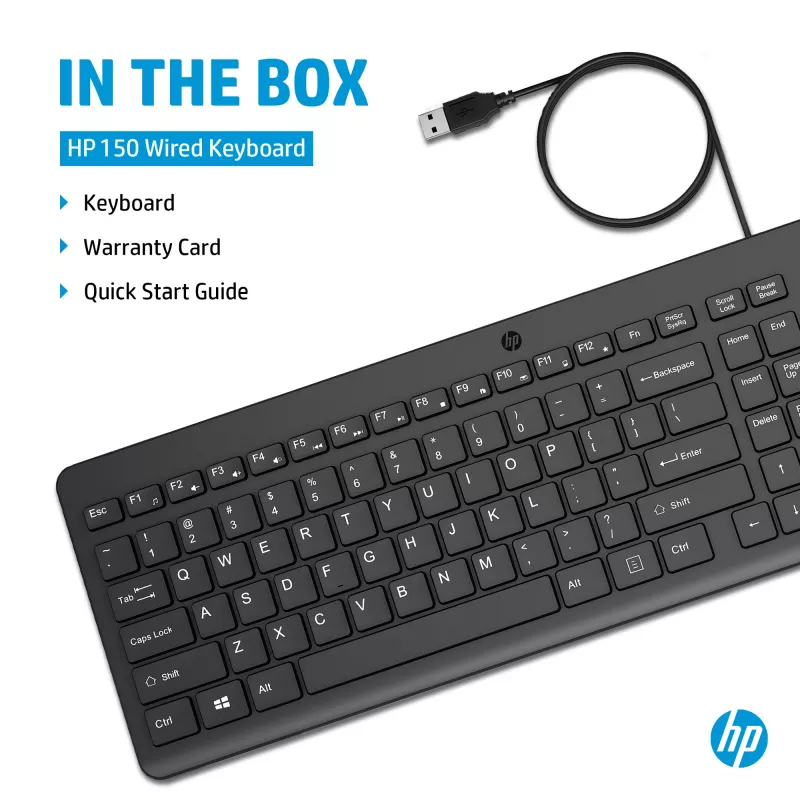 HP 150 Wired klawiatura Full-size USB Czarny 1m kabel