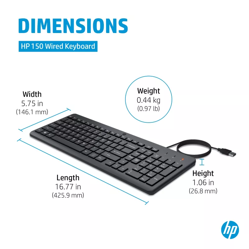 HP 150 Wired klawiatura Full-size USB Czarny 1m kabel