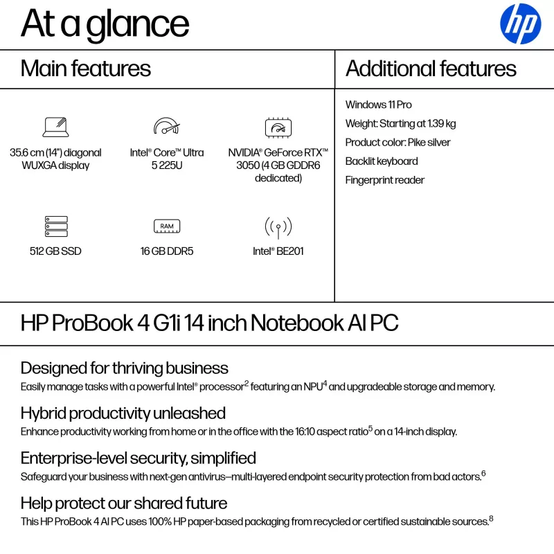 Laptop HP ProBook 4 G1i AI PC 14 cali Intel Core Ultra 5 16 GB 512 GB Intel Graphics Windows 11 Pro