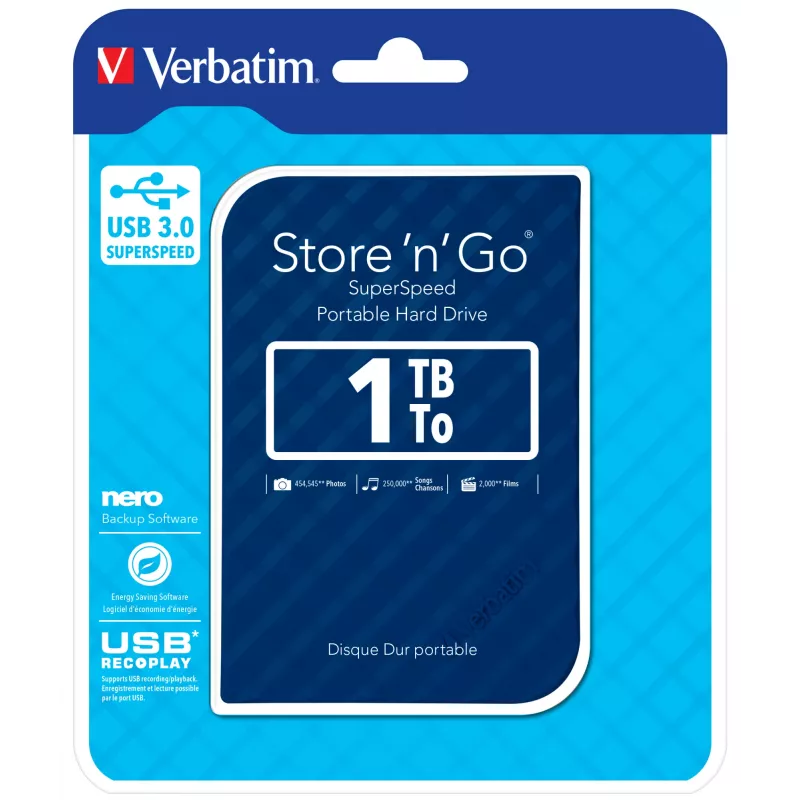 Verbatim Store 'n' Go USB 3.0 Hard Drive 1TB niebieski, 1 TB, 2,5 cala, 3.2 Gen 1 (3.1 Gen 1), 5400 RPM, Niebieski