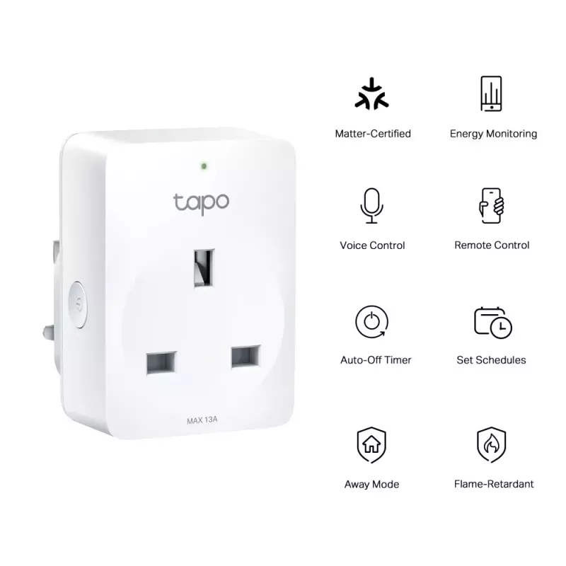 Inteligentna wtyczka TP‑Link Tapo Mini P110M — wewnętrzne inteligentne gniazdko Wi‑Fi/Bluetooth, 16 A, 100–240 V, 3680 W, białe