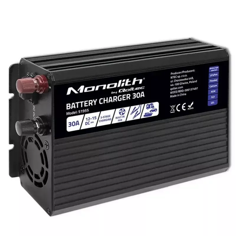 Prostownik QOLTEC 51955 — 30A 12V do LiFePO4, AGM, ŻEL, SLA