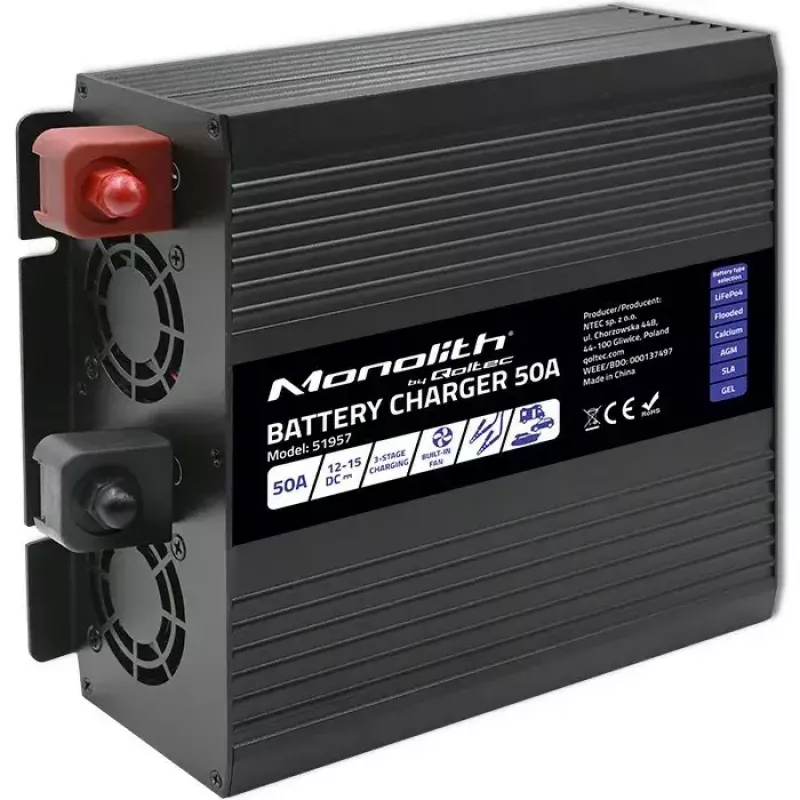 Ładowarka do akumulatorów QOLTEC 51957 50A 12V do akumulatorów LiFePO4, AGM, GEL, SLA