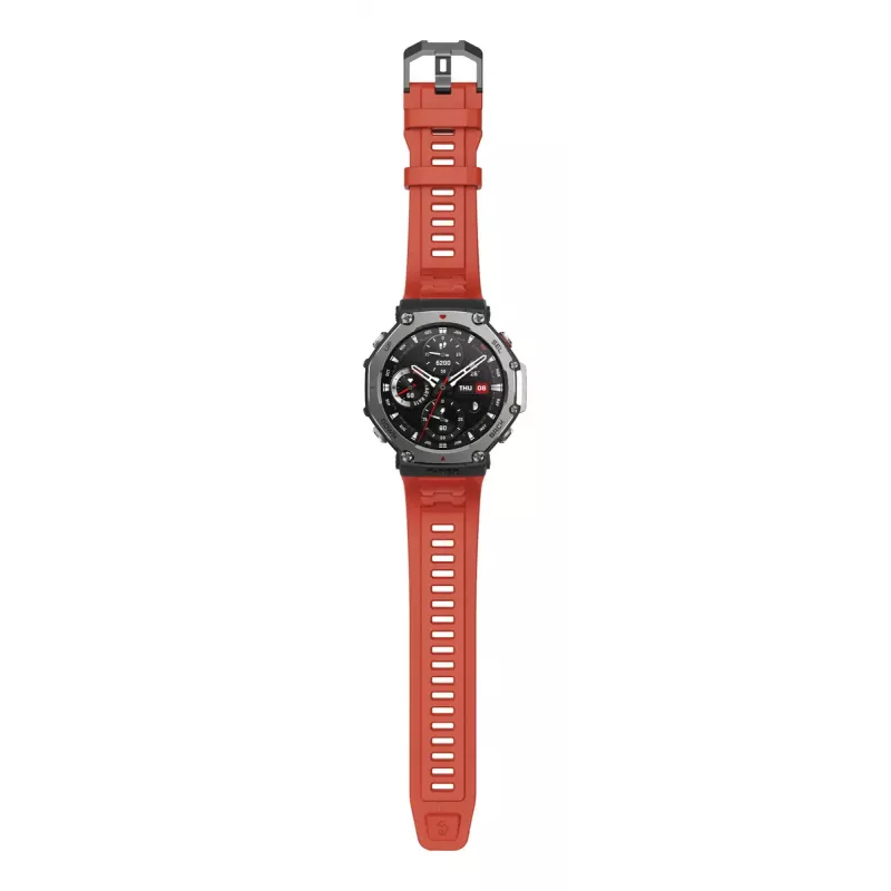 Smartwatch Amazfit T-Rex 3 Lava — 1.5-calowy AMOLED, 480×480, GPS, 700 mAh, 32 GB, koperta ze stali nierdzewnej, pasek silikonowy