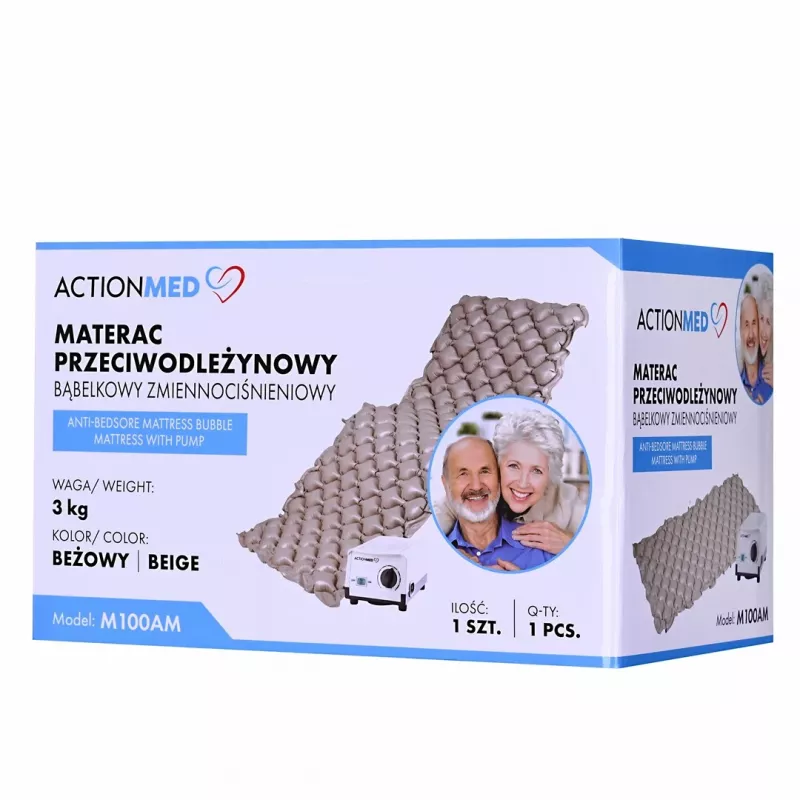 Materac przeciwodleżynowy bąbelkowy ActionMed M100AM zmiennociśnieniowy, pojedynczy materac PVC 192×82×7 cm, maks. waga użytkownika 135 kg