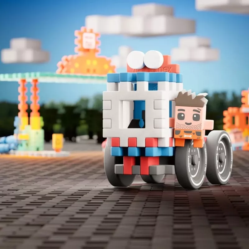 Zestaw klocków konstrukcyjnych Marioinex Mini Waffle Blocks Stacja benzynowa, 148 elementów, wielokolorowe, od 6 lat
