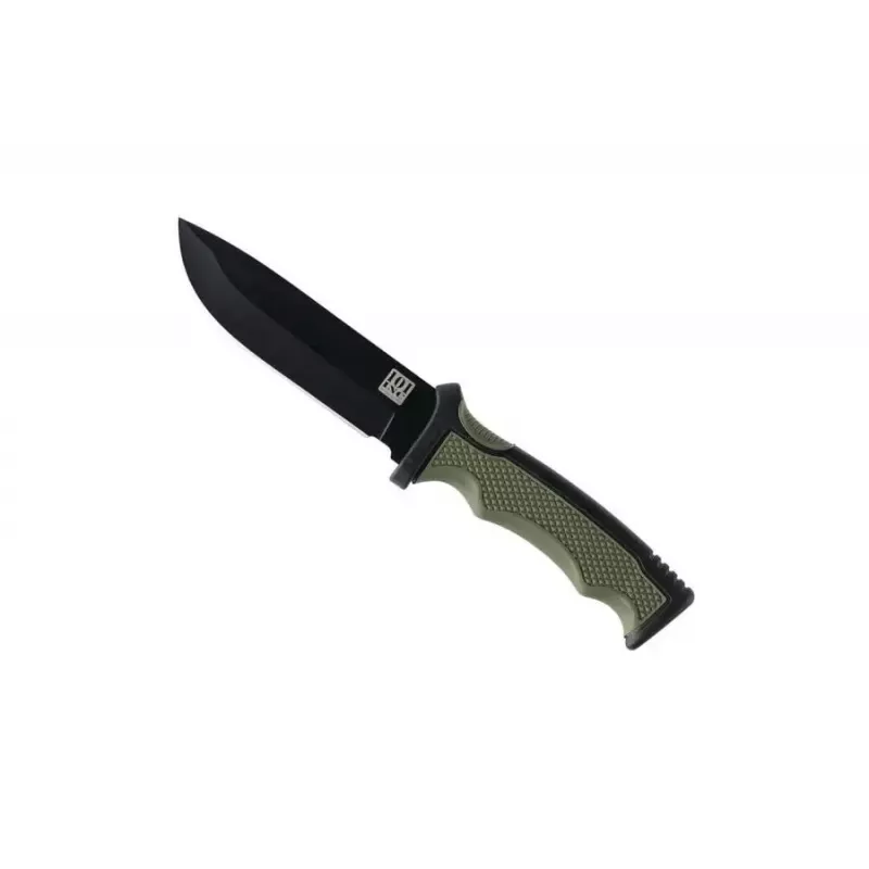 Nóż wielofunkcyjny 101 INC Bushawk 9244 — ostrze 110 mm ze stali nierdzewnej 3Cr13, zielona rękojeść z tworzywa, powierzchnia antypoślizgowa, w zestawie pochwa