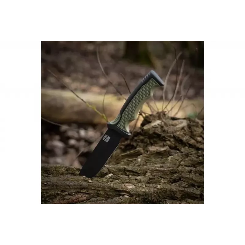 Nóż wielofunkcyjny 101 INC Bushawk 9244 — ostrze 110 mm ze stali nierdzewnej 3Cr13, zielona rękojeść z tworzywa, powierzchnia antypoślizgowa, w zestawie pochwa