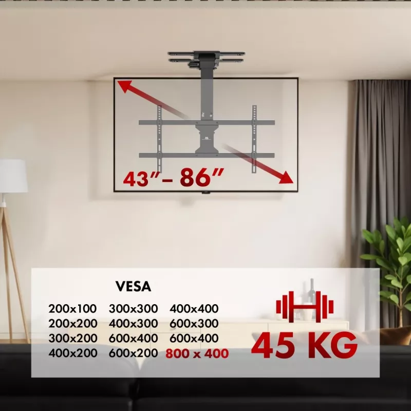 Uchwyt sufitowy do telewizora MACLEAN MC-110 T dla telewizorów 43–86 cali, VESA do 800×400, maks. obciążenie 45 kg