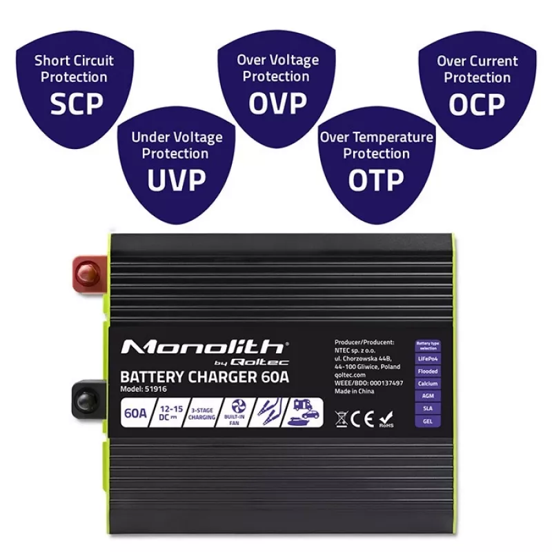 Prostownik QOLTEC 51916 60A 12V do LiFePO4, AGM, GEL, SLA