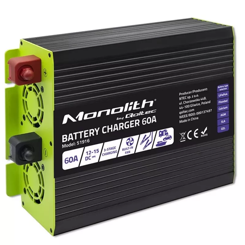 Prostownik QOLTEC 51916 60A 12V do LiFePO4, AGM, GEL, SLA