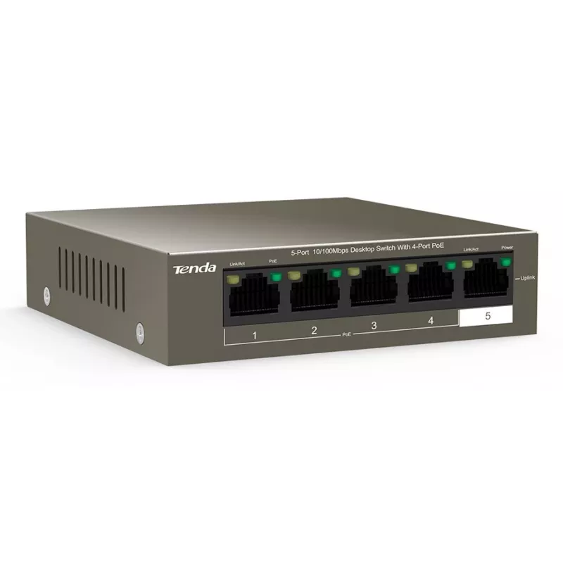 Tenda TEF1105-4-63W przełącznik sieciowy niezarządzalny Fast Ethernet (10/100) Power over Ethernet (PoE) na biurko/do montażu na ścianie szary