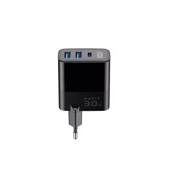 Ładowarka HAVIT UCLE001 EU GaN trzyportowa 30 W czarna — kompaktowa ładowarka USB z 3 portami
