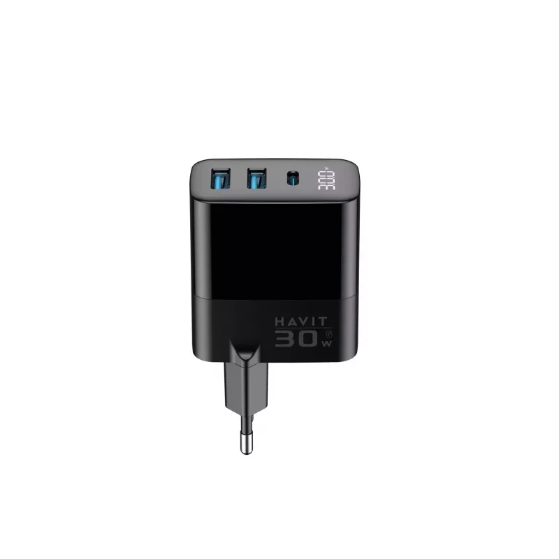 Ładowarka HAVIT UCLE001 EU GaN trzyportowa 30 W czarna — kompaktowa ładowarka USB z 3 portami