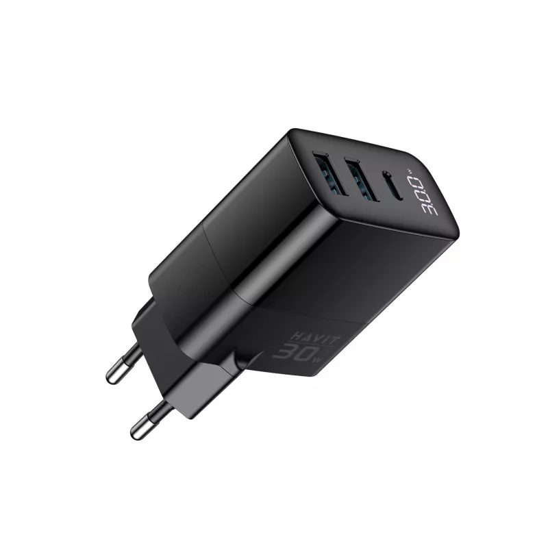 Ładowarka HAVIT UCLE001 EU GaN trzyportowa 30 W czarna — kompaktowa ładowarka USB z 3 portami