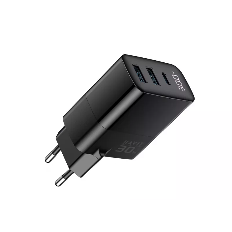 Ładowarka HAVIT UCLE001 EU GaN trzyportowa 30 W czarna — kompaktowa ładowarka USB z 3 portami