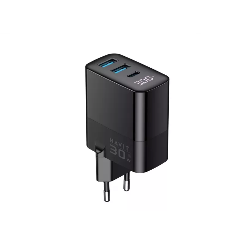 Ładowarka HAVIT UCLE001 EU GaN trzyportowa 30 W czarna — kompaktowa ładowarka USB z 3 portami