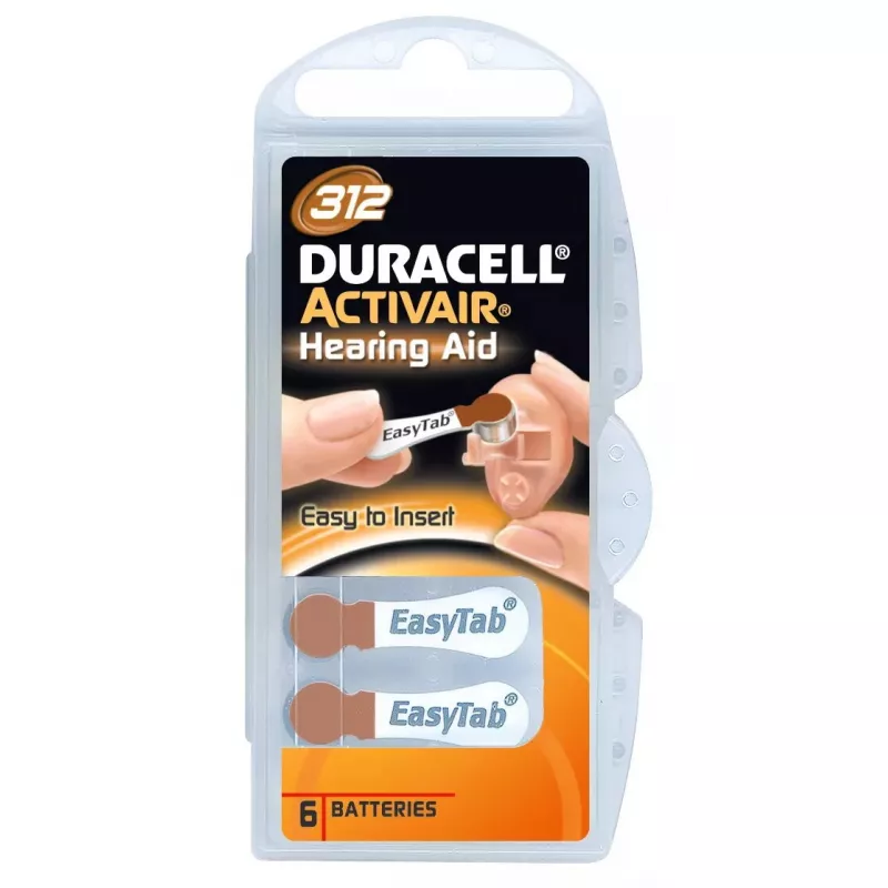 Baterie pastylkowe Duracell A312 cynkowo-powietrzne, opakowanie 6 szt., do aparatów słuchowych i małych urządzeń audio