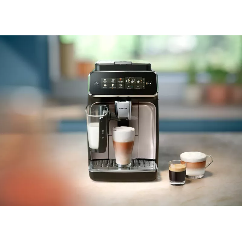 Ekspres do espresso Philips EP3343/90 — w pełni automatyczny, 2 filiżanki, 15 barów, ceramiczny młynek, pojemnik na ziarna 275 g, zbiornik na mleko, dotykowy wyświetlacz TFT