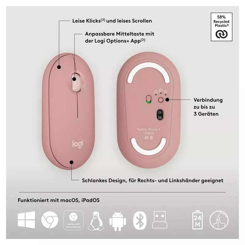 Logitech Pebble 2 Combo Klawiatura Mysz w zestawie Uniwersalna RF Wireless + Bluetooth QWERTZ Niemiecki Różowy (920-012205)