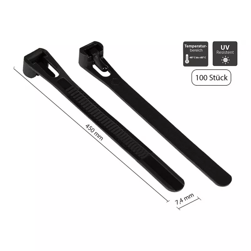 Wiederverwendbarer Kabelbinder 450 mm x 7,4 mm, schwarz, UV-resistent, -40 °C bis +85 °C, 100 Stück (KAB-R45S74)